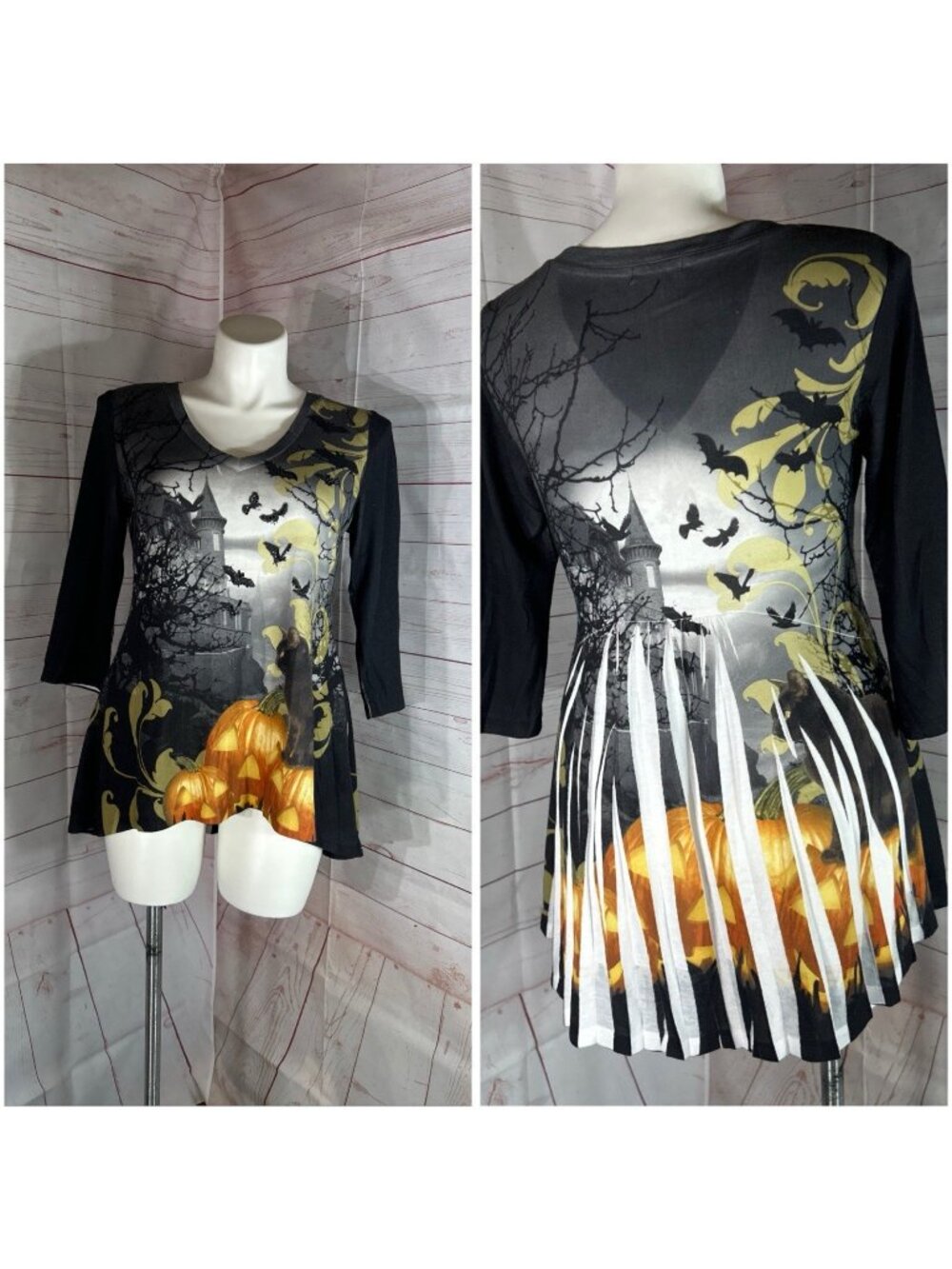 One world Women Large Halloween Tunic Shirt Black Bat & Pumpkin 3/4 Sleeve Top